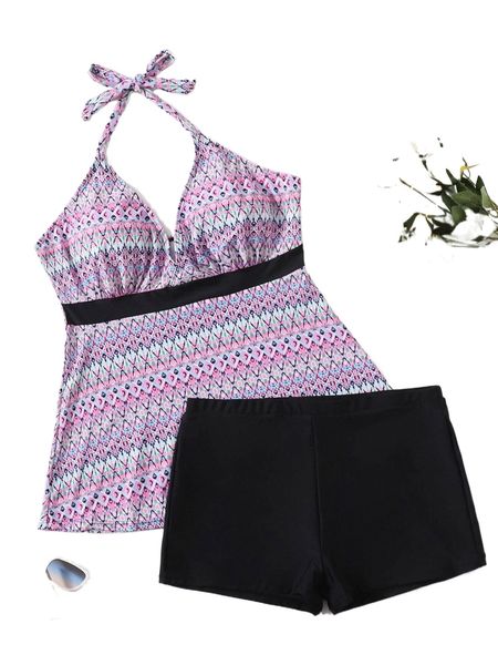 

plus geo print tie back halter bikini swimsuit 822f#, White;black