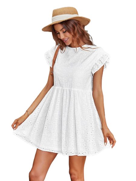 

eyelet embroidery flounce sleeve dress c1tn#, Black;gray