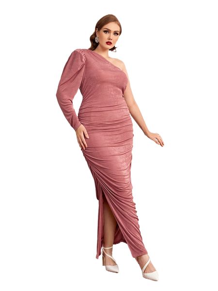 

plus one shoulder ruched split hem dress q35n#, Black