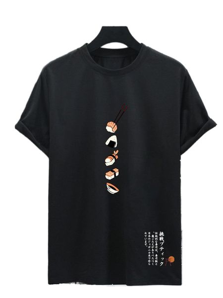 

men japanese letter & food print tee j9xd#, White;black