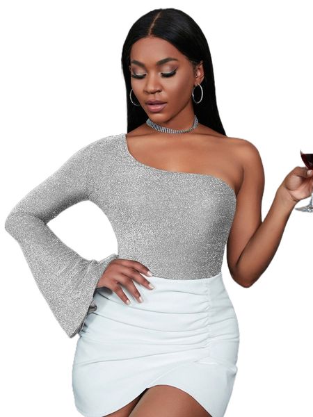 

glitter one shoulder flounce sleeve tee e9tv#, White