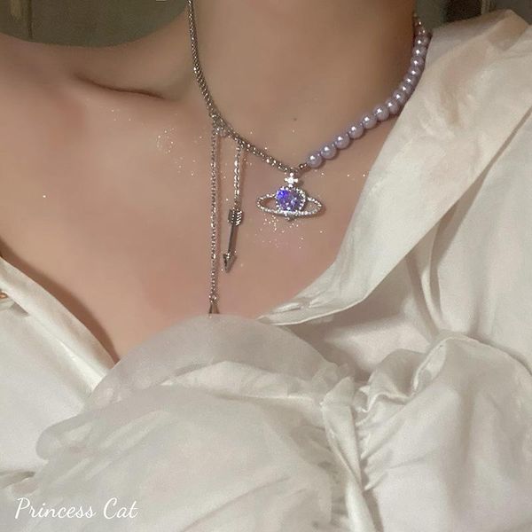 Collane con ciondolo Collana di universo a forma di cuore di cristallo viola per le donne Squisita collana di perle di perle Catena Girocollo Gioielli per feste