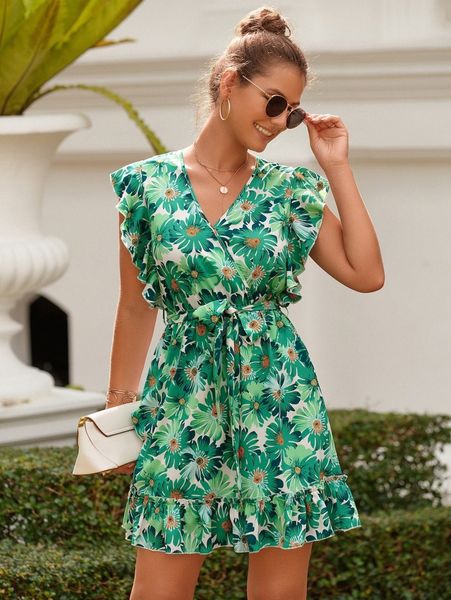 

floral print butterfly sleeve ruffle hem belted dress b0oi#, Black;gray