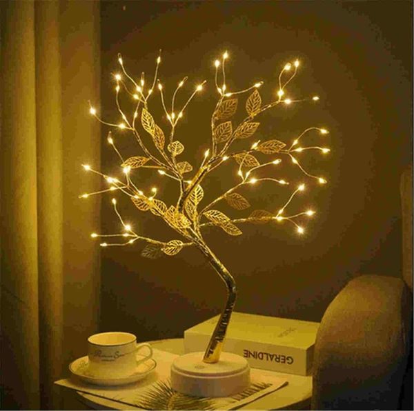 Decorações de Natal Decorações2022 Night Light Mini Golden Leaf Tree Plum Copper Wire Garland Lamp for Bedroom Bedside Decor