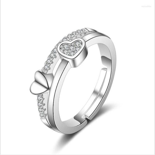 Cluster Ringe Mode 925 Reines Silve Für Frauen Glänzend CZ Elegante Nette Doppelschicht Liebe Herz Öffnung Ring Finger Schmuck geschenkCluster Wynn22
