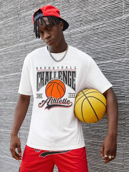

men letter & basketball print tee v7mp#, White;black