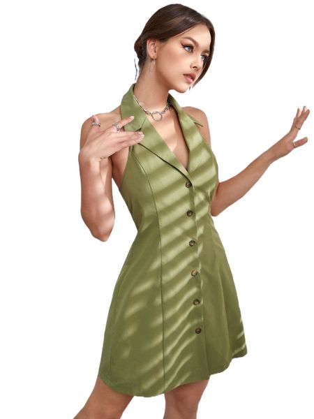 

backless single breasted halter dress i0h0#, Black;gray