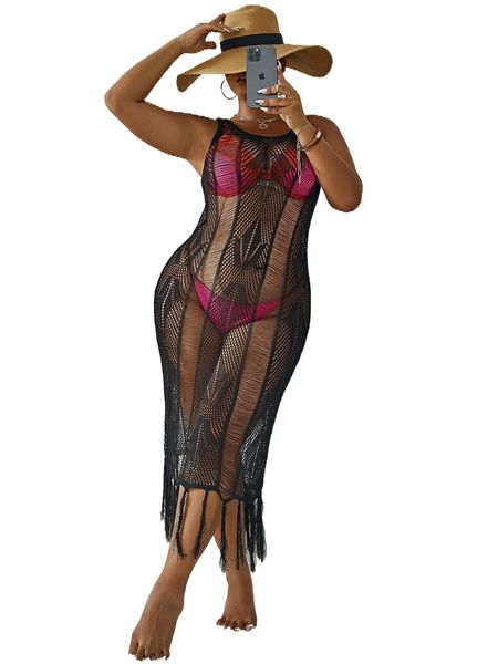 

plus open stitch fringe hem cover up dress without bikini 51j0#, Black