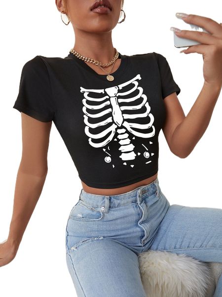 

skull print crop tee o90b#, White