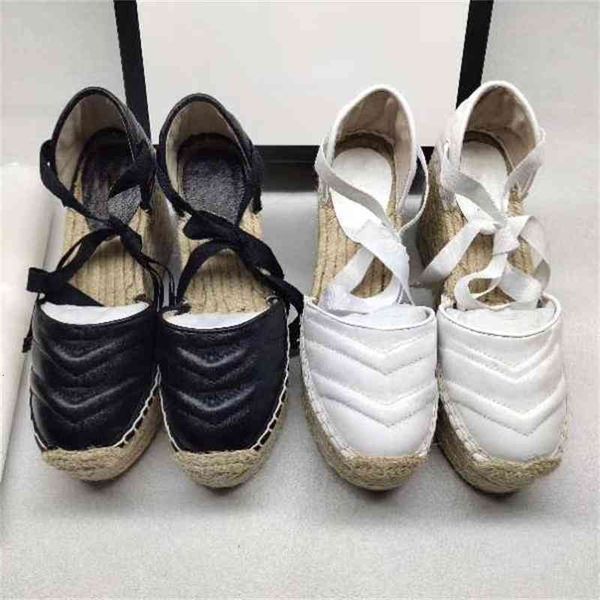 

sandals designer women espadrille strap round wedge heel heels fashion genuine leather fisherman wedding dress party shoes with box, Black