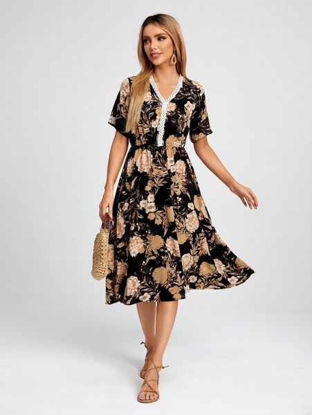 

floral print guipure lace trim dress d7nw#, Black;gray