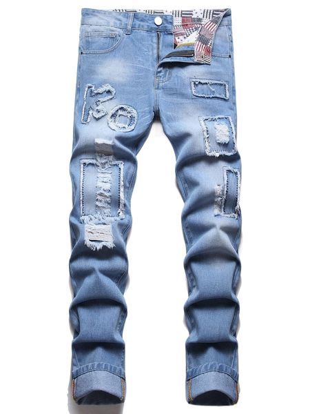 

men letter embroidery patched ripped jeans o9hj#, Blue