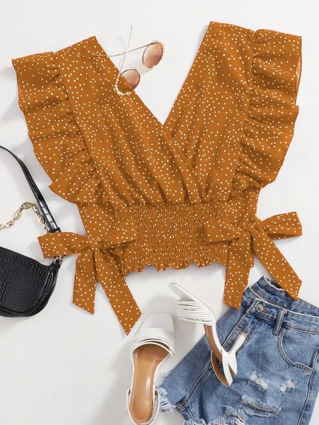 

plus ruffle trim knot side polka dot blouse p9uw#, Black