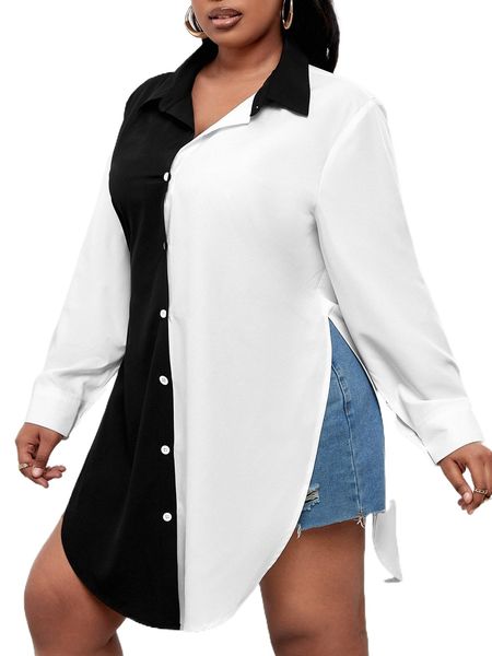 

plus two tone curved hem blouse p6o8#, Black