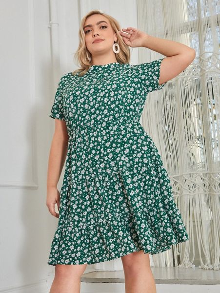 

plus allover floral print mock neck ruffle hem dress u9h4#, Black
