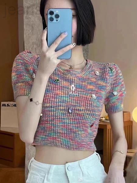 

women's knits & tees designer spring 2022 xiaoxiang new rainbow letter short slim knit shirt korean short sleeved bottomed women's, White