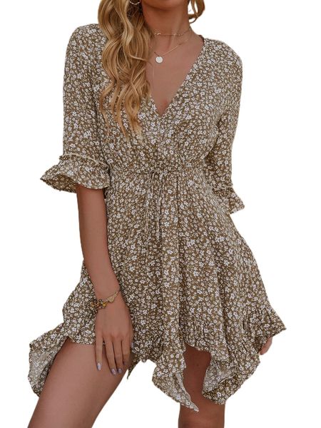 

ditsy floral print flounce sleeve tie front dress r9vn#, Black;gray
