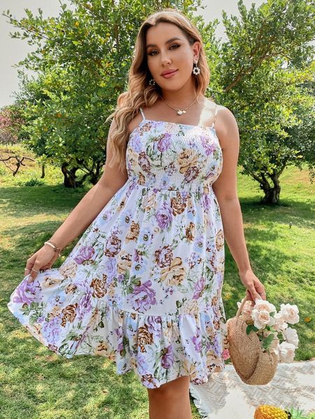 

plus floral print shirred ruffle hem cami dress l6b6#, Black