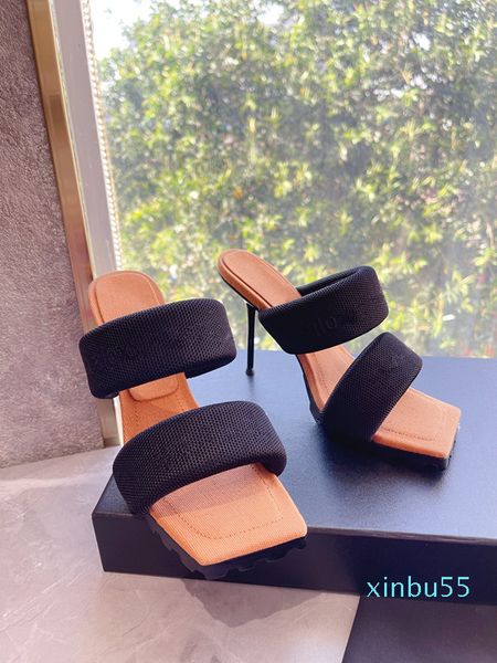 

mental button decor women sandals high heels designer shoes woman slippers open toe genuine leather slides summer shoe, Black