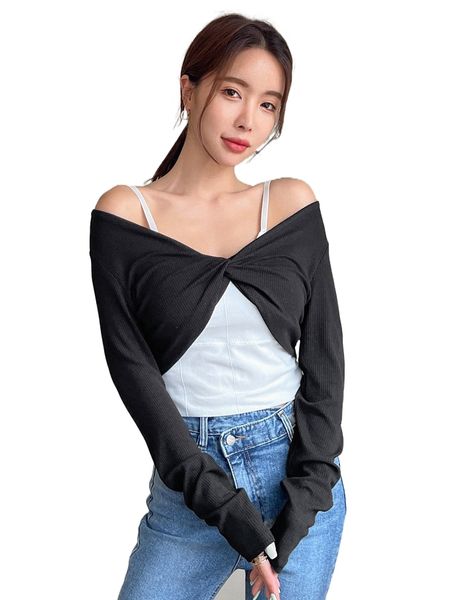 

dazy twist front rib knit tee l1ko#, White