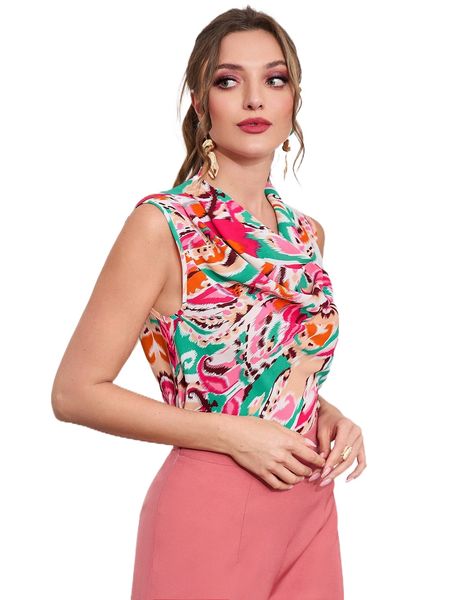 

allover print cowl neck sleeveless blouse p1r4#, White