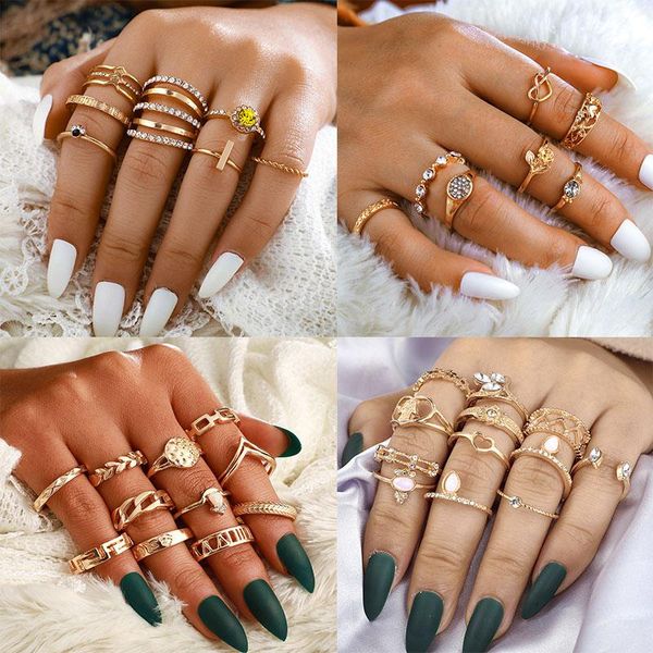 Clusterringe 23 Stil Set Vintage Antik Silber Farbe Strass Wassertropfen Krone Herzförmige Palme Sonne Stern Mond Kristall Ring Damen Juwel