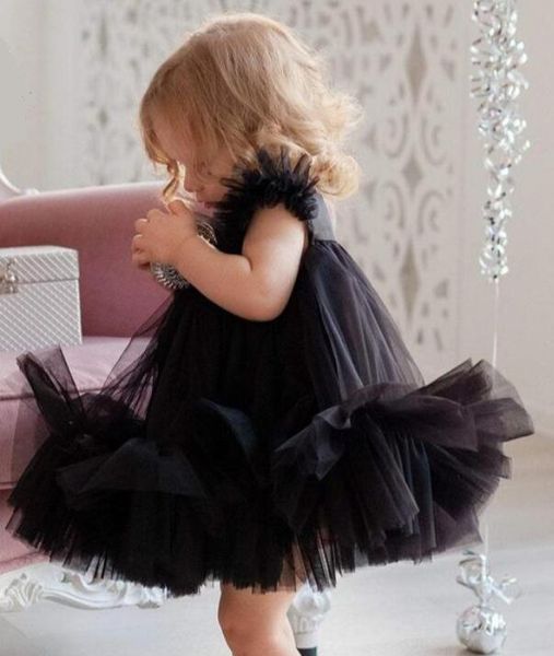 Vestidos de meninas de flor preto fofos para casamentos jóias cetim tule ball vestido princesa filhos de casamento de aniversário vestidos de festa na altura do joelho