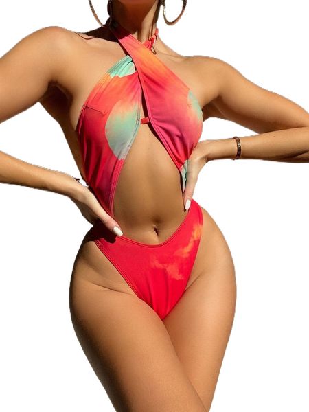 

allover print cut out one piece swimsuit f5t3#, White;black