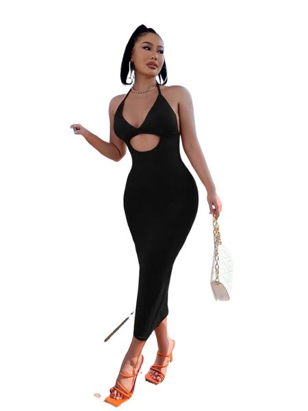 

sxy solid cut out halter neck dress f77a#, Black;gray