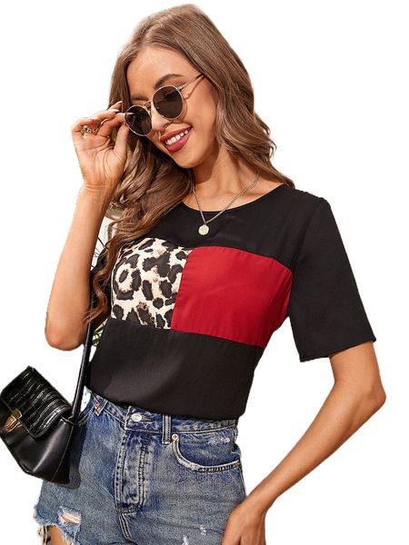 

leopard print color block blouse a2ki#, White