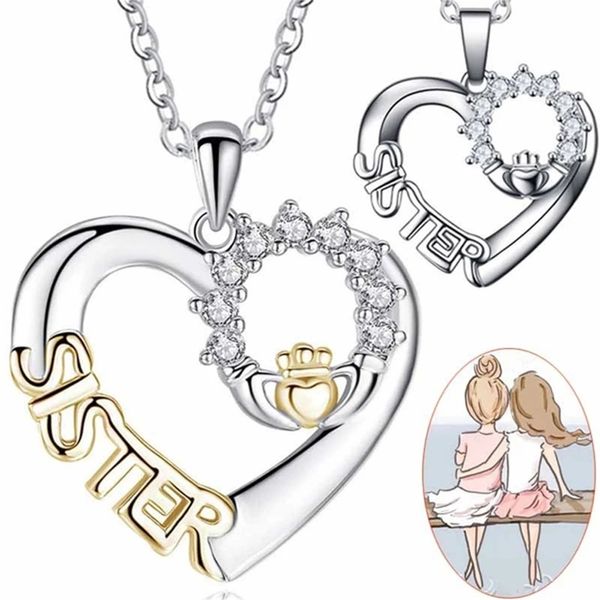 Collana con ciondolo a forma di cuore con lettera sorella di moda Collana con strass a catena color argento con decorazione a corona di mano