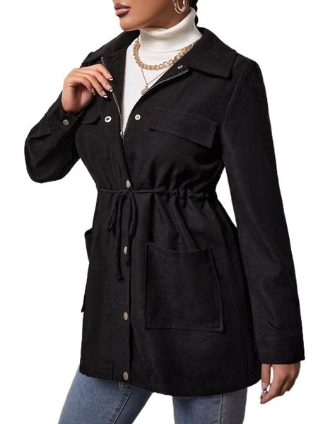

sxy drawstring waist flap detail coat d11g#, Black