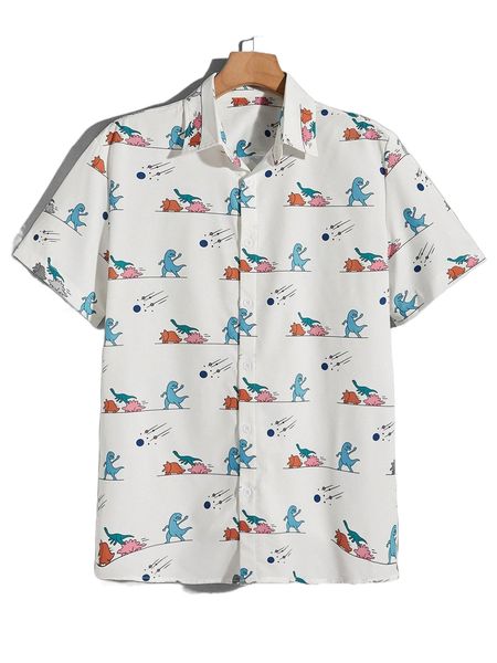 

romwe guys dinosaur print button front shirt e7uc#, White;black