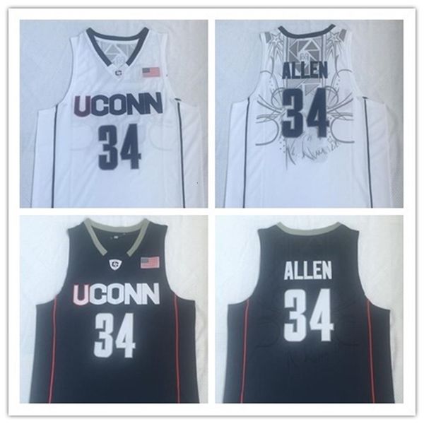 Maglia da basket Nikivip Uconn Connecticut Huskies ray 34 maglia allen college ritorno al passato ricamo cucito blu navy bianco taglia S-2XL