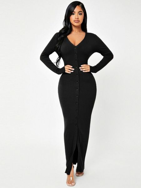 

sxy button through rib knit bodycon dress 77q5#, Black;gray