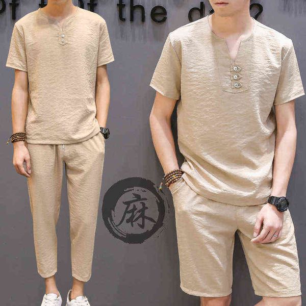 

summer men's short sleeved t-shirt set cotton hemp large two-piece casual sports cropped pants set men, Gray