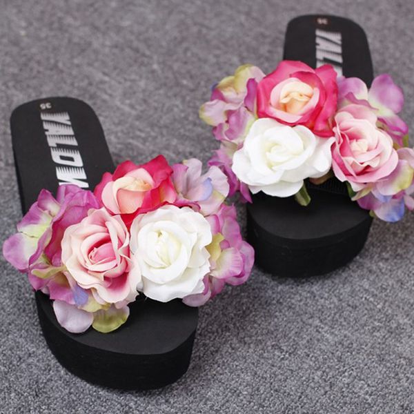

new female summer beach shoes handmade flower women slippers female flip flops eva wedges platform sandals, Black