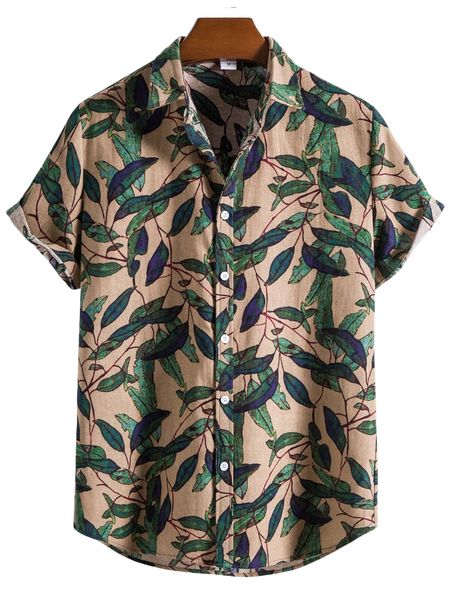 

men allover leaf print curved hem shirt f1no#, White;black
