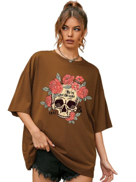 

floral and skull print drop shoulder tee n8jz#, White