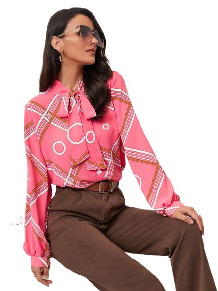 

geo print tie neck lantern sleeve blouse p7so#, White