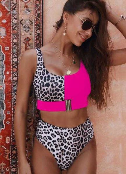 

sports women's split swimwear gold belt bikini set high waist leopard print panel flash fabric girl ladies yakuda flexible stylish