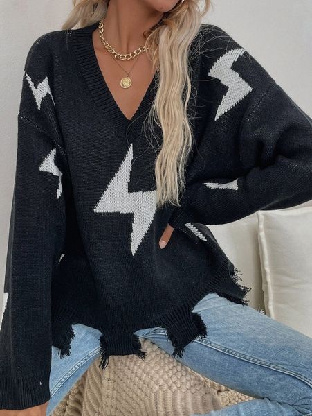 

geo pattern drop shoulder distressed sweater f5fo#, White;black