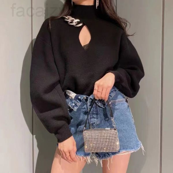 

women's sweaters designer []aw dawangjia 2021 high neck sweater chain decoration black hollow bottomed ur70, White;black