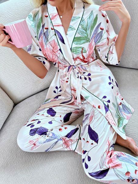 

plant print drop shoulder contrast piping belted pj set f1u2#, Black;red