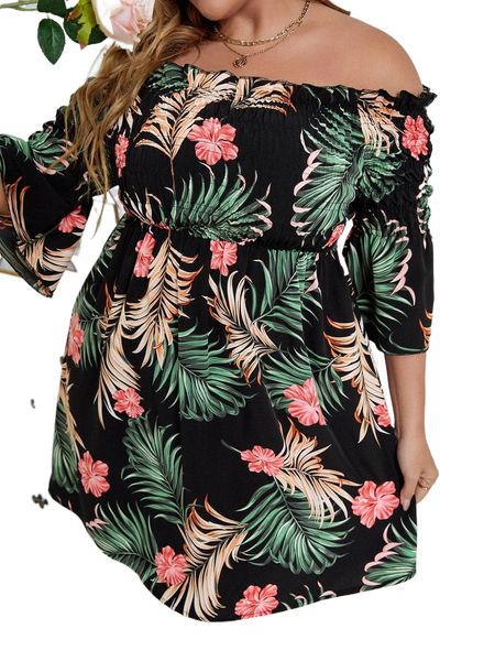 

plus floral & tropical print off the shoulder shirred frill trim dress f7py#, Black