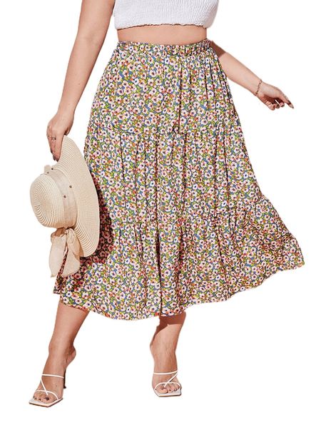 

plus ditsy floral print ruffle hem skirt v8t1#, Black