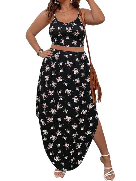 

plus floral print cami & elastic waist skirt o8kw#, Black