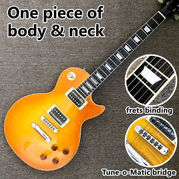 

electric guitar, one piece of neck and body, frets binding, honey burst maple guitars same of the pictures