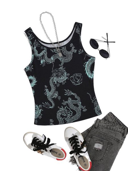 

chinese dragon print tank p74w#, White
