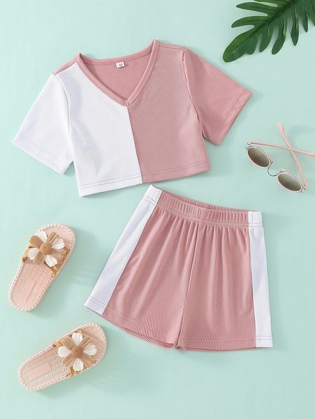 

toddler girls two tone tee & contrast side seam shorts she, White